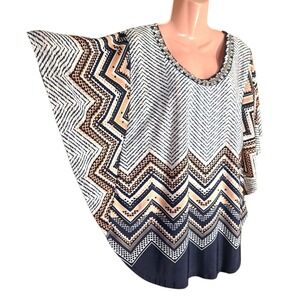 Lavish Women's Blouse/Top L Multicolor Batwing‎ Sleeve Rhinestones Neck Comfort